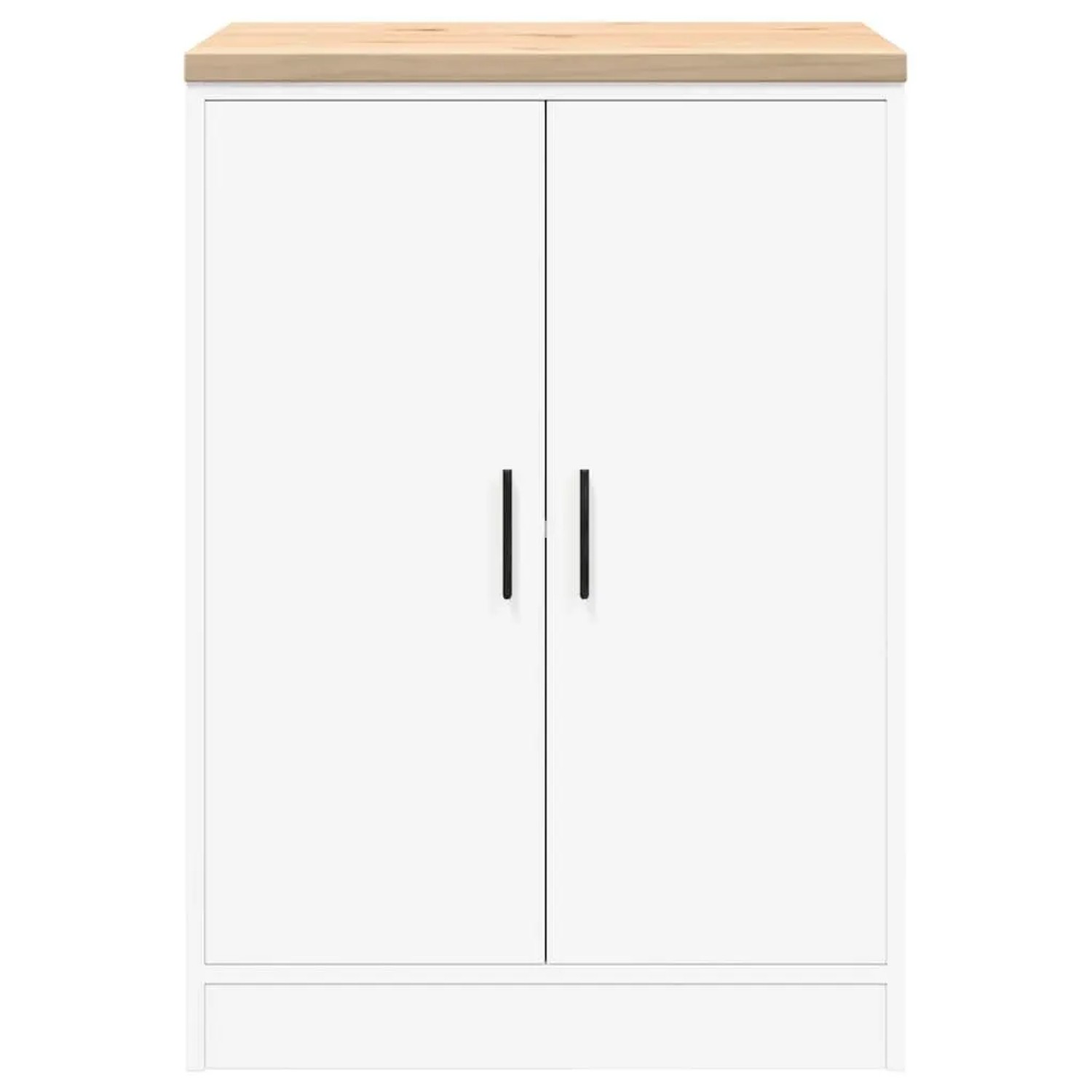 Weißer vidaXL Garagen-Werkzeugschrank mit Holzarbeitsplatte, 60x51x85 cm.