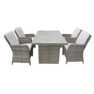 Green Spirit Rattan Gartenmöbel Set Ria, 5-teilig, grau-braun mit Tischplatte in Steinoptik und bequemen Polstern.