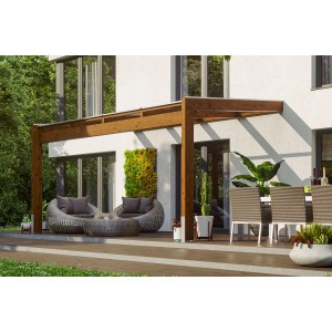 Skan Holz Terrassenüberdachung Novara, 450x309 cm, Nussbaum, mit klarer Doppelstegplatte. Holzterrasse mit Möbeln.