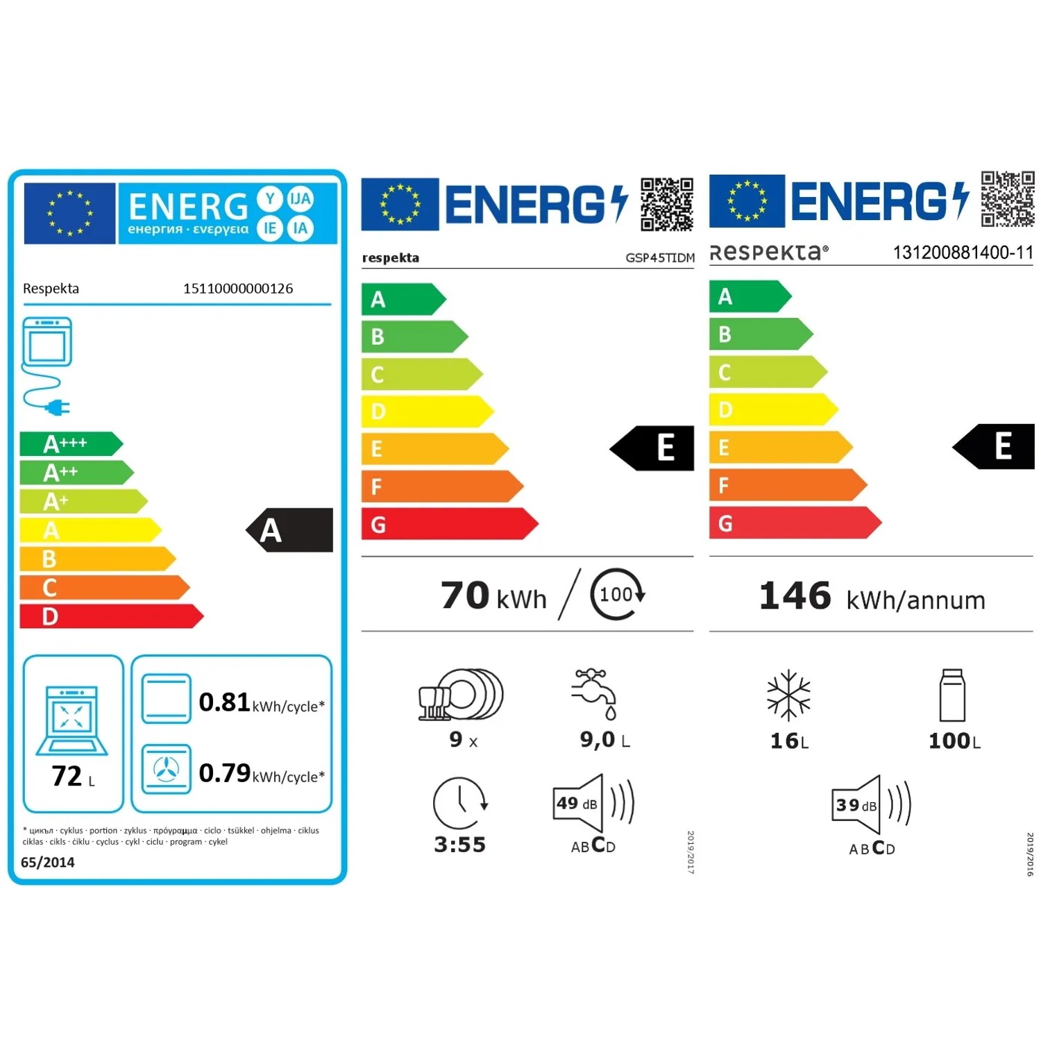 Energieeffizienzlabel für Respekta Küchenzeile mit Backofen A, Geschirrspüler E und Kühlschrank E.