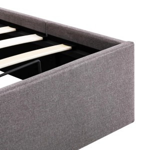 Detailansicht Stauraumbett, taupefarbener Stoffbezug, Lattenrost sichtbar.