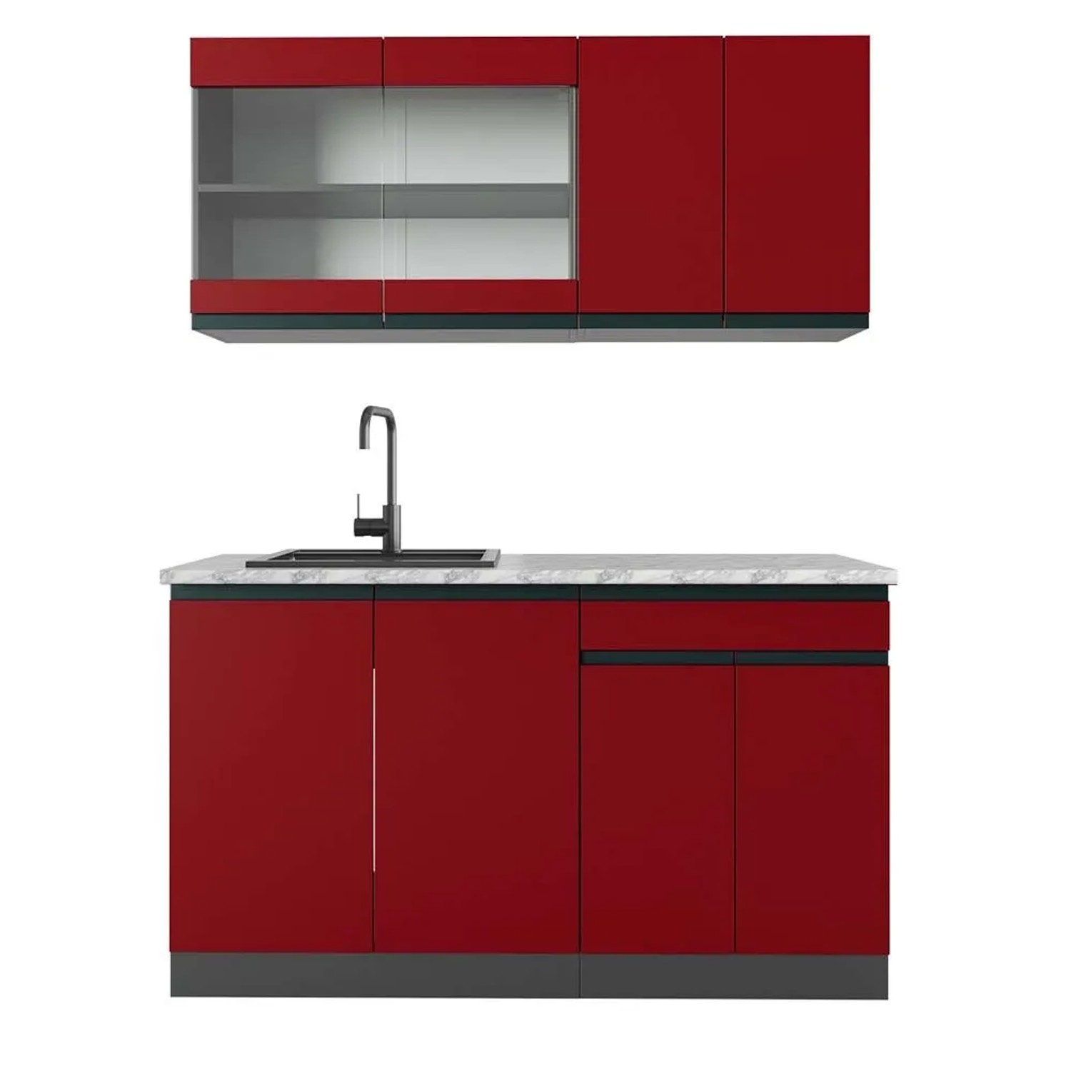 Vicco R-Line Singleküche Rot Anthrazit 140 cm AP Marmor ohne E-Geräte