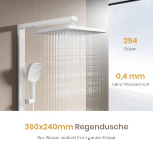 Weißes Emke Duschsystem mit Thermostat, Regendusche und Handbrause im Komplettset.