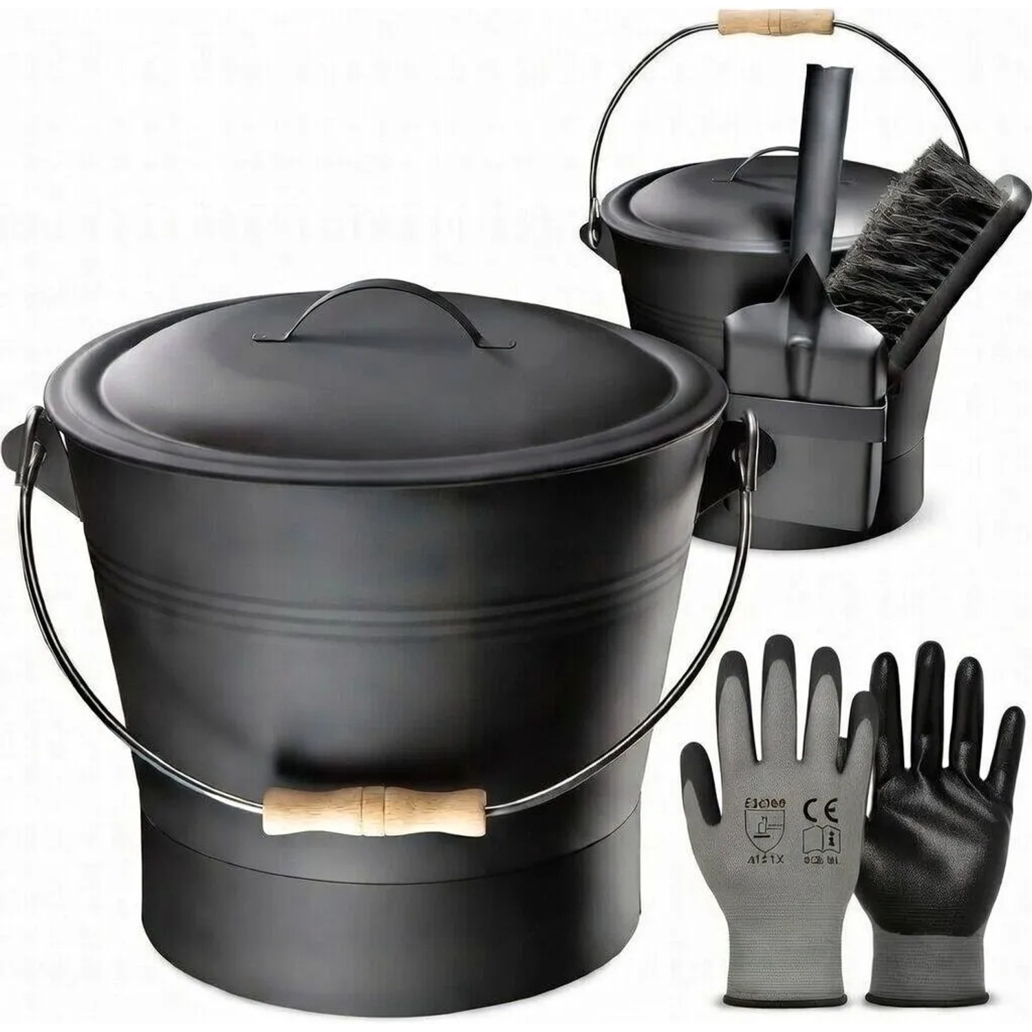 BLACK OAK Ascheeimer LANIN 8L mit Deckel, Schaufel und Besen – Aschebehälter aus Metall 28×28×26 cm mit Hellem Griff