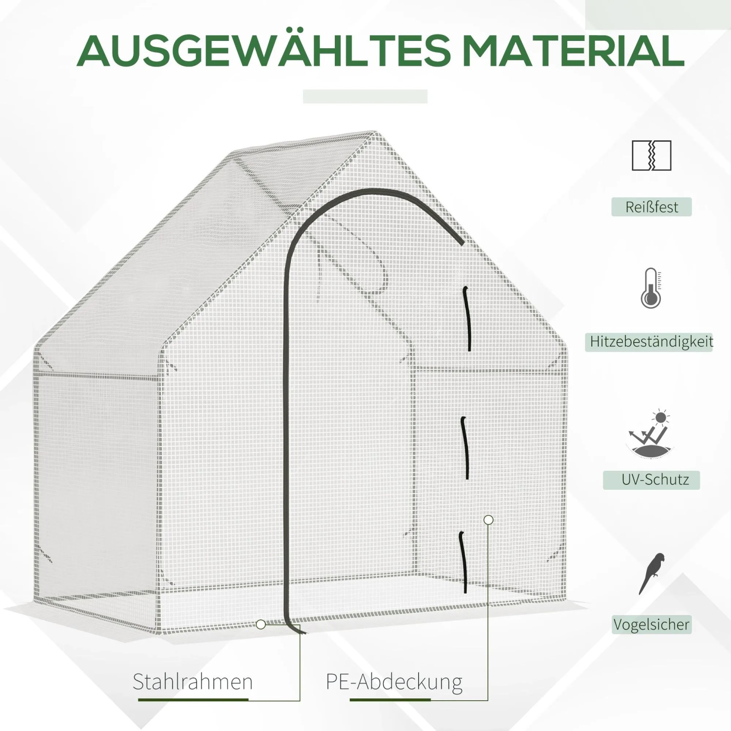 Outsunny Gewächshaus: Stahlrahmen, weiße PE-Abdeckung, Rolltür. Reißfest, hitzebeständig, UV-Schutz.