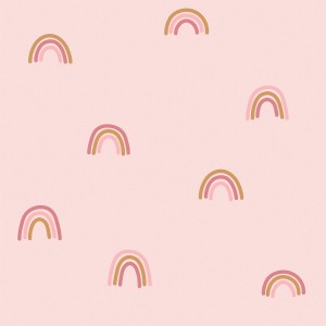 Little Dutch Vliestapete Little Rainbow Pink: Rosa Tapete mit Regenbogenmuster für Kinderzimmer.