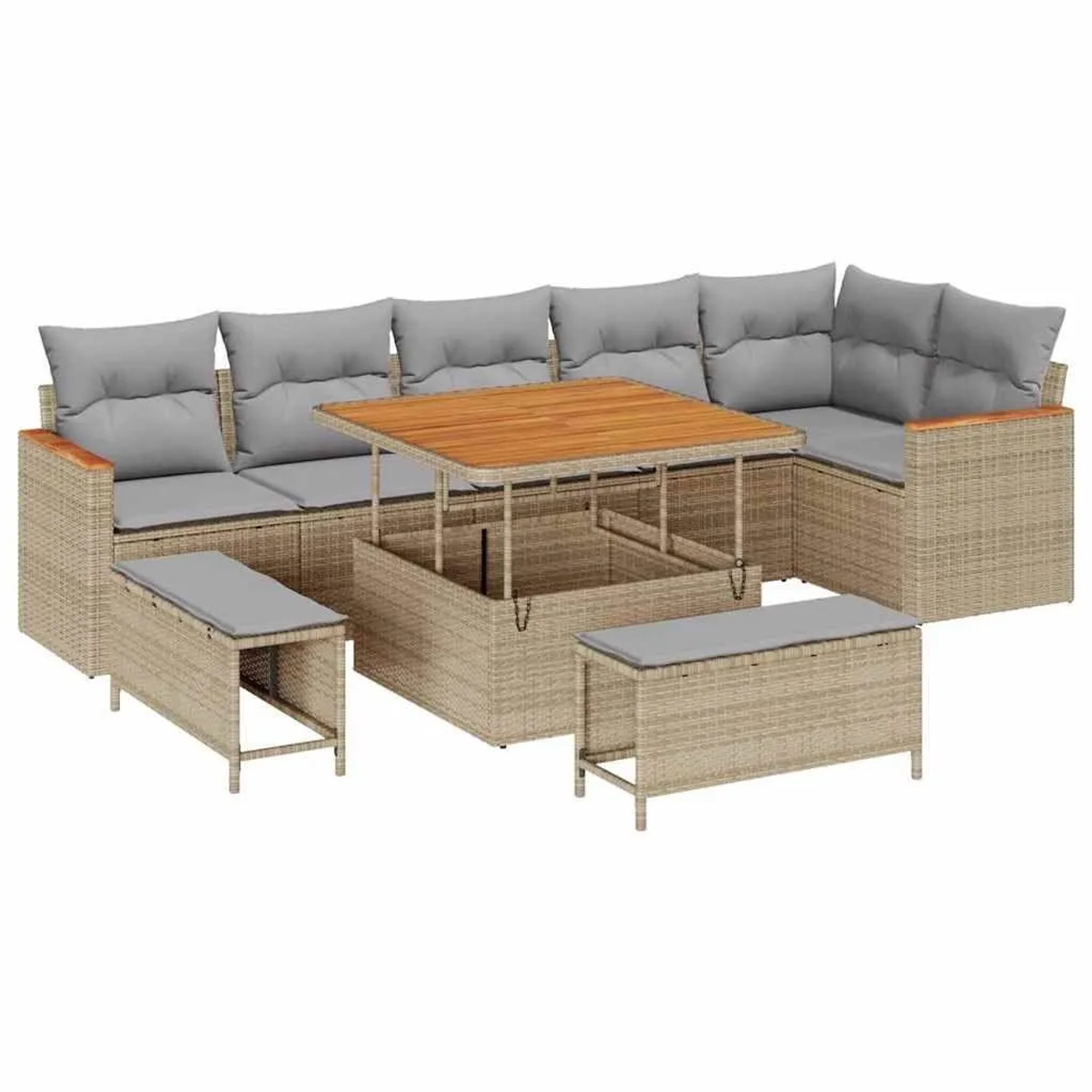 vidaXL Gartensofa-Set mit Kissen 9 Stk Beige Poly Rattan 3365007
