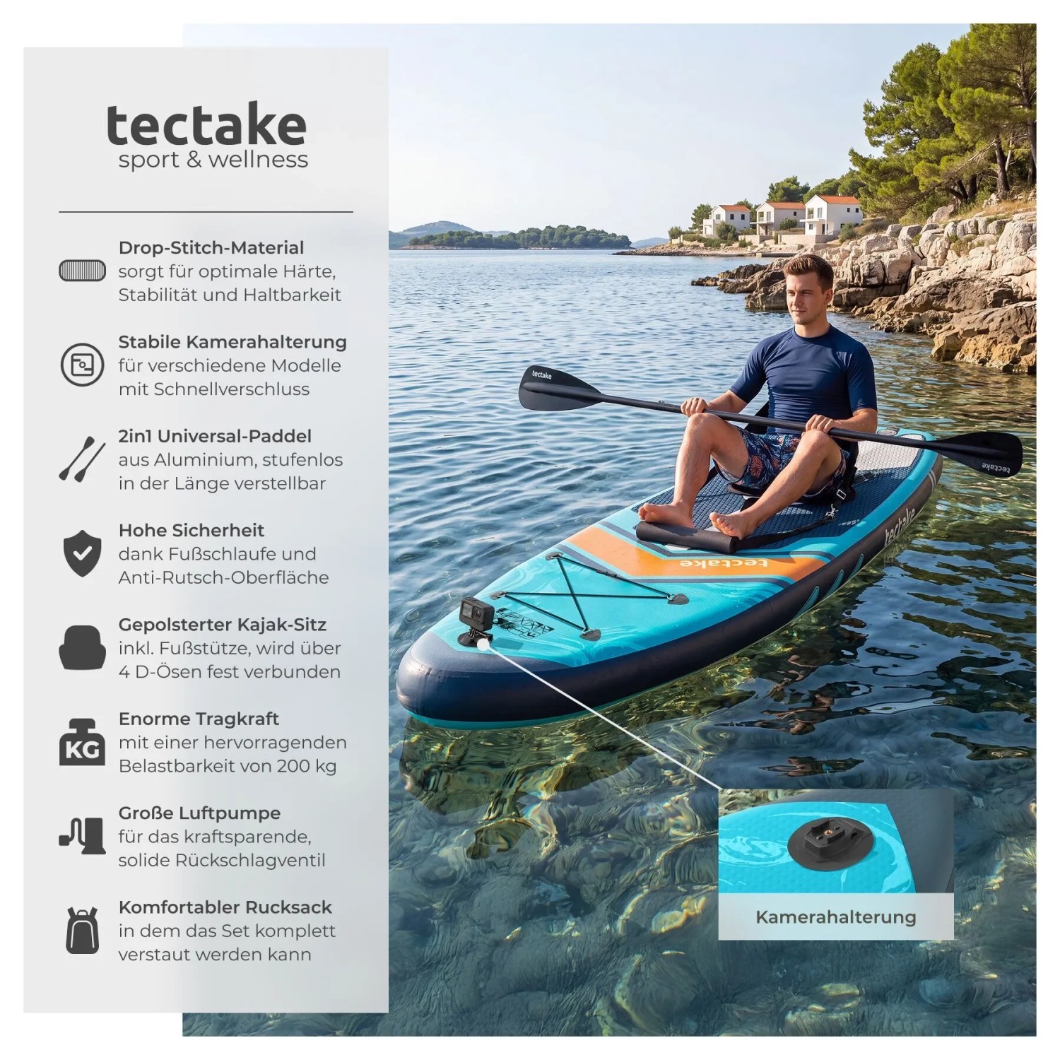 Mann sitzt auf blau-orange Tectake Stand Up Paddle Board Palagios mit Kamerahalterung im Meer. Aufblasbares SUP für Wassersport.