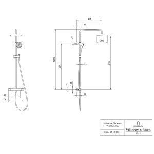 Technische Zeichnung: Villeroy & Boch Duschsystem Universal Showers mit Maßen.