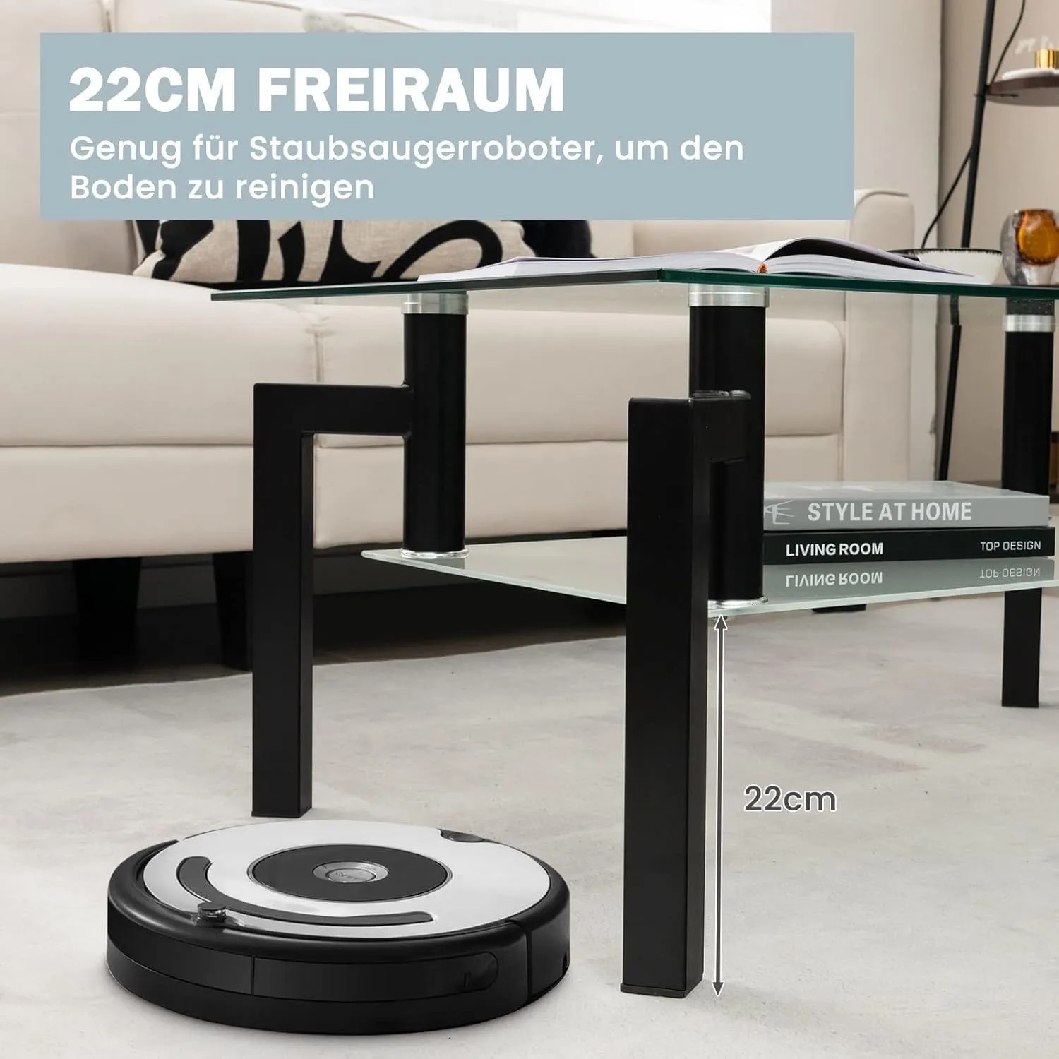 Costway Couchtisch Glas mit Staubsaugerroboter für einfache Reinigung unter dem Tisch.