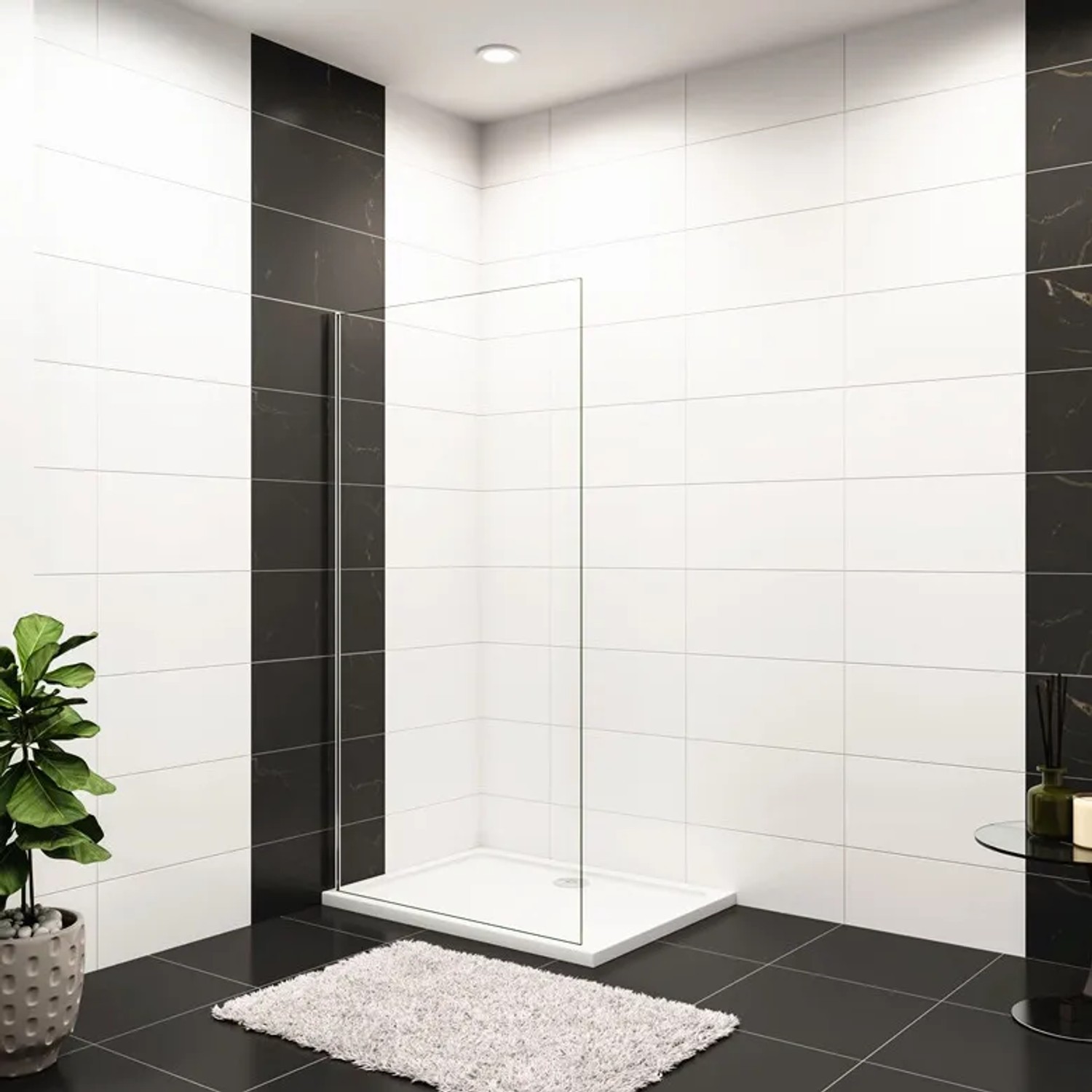 Walk-In Dusche 80x200cm mit 10mm Nano Glas Duschabtrennung und verchromtem Rahmen.