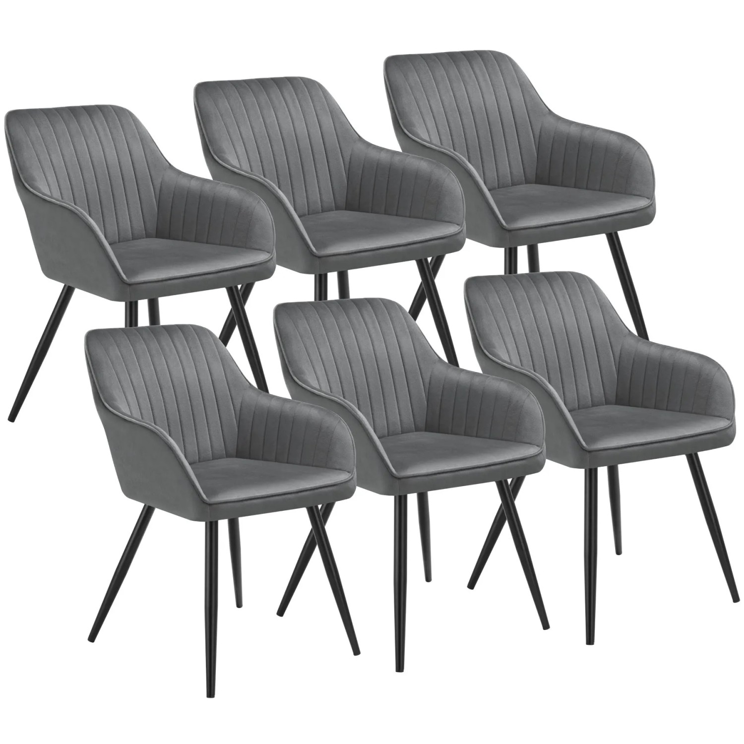 Tectake Esszimmerstuhl Marilyn Gepolstert  In Samtoptik  Gesteppt Durchgehende Lehne 6Er Set 62 x 58 x 82 cm Grau Schwarz
