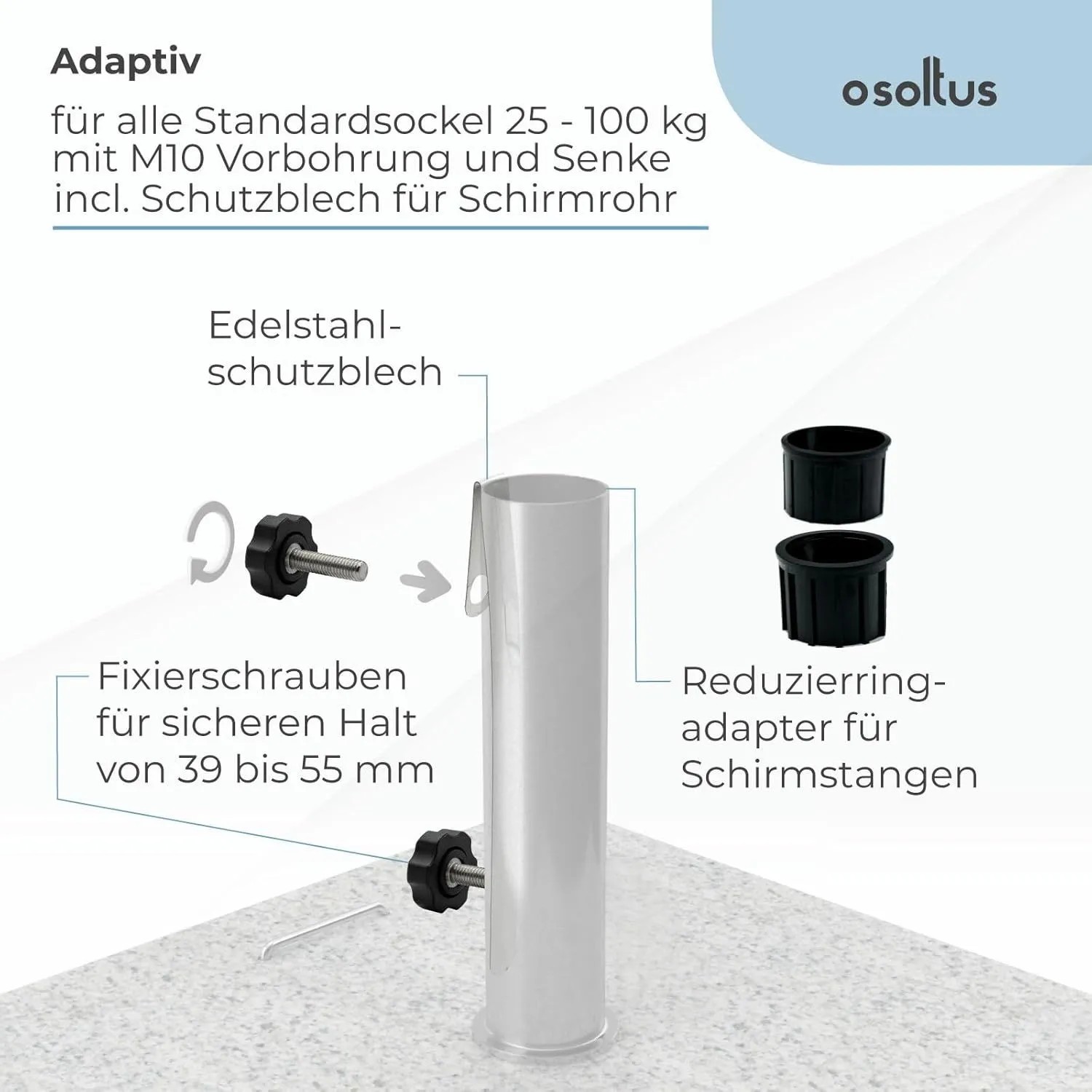 osoltus Edelstahl Universal Standrohr für Sonnenschirmständer. Silbernes Rohr mit Schutzblech, Fixierschrauben & Reduzierringen.