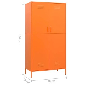 Oranger Kleiderschrank aus Stahl, 90x50x180 cm, mit vier Türen und Lüftungsschlitzen.
