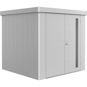Biohort Gerätehaus Neo 2B mit Doppeltür in Silber-Metallic. Modernes Design für Garten oder Hof.