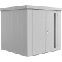 Biohort Gerätehaus Neo 2B mit Doppeltür in Silber-Metallic. Modernes Design für Garten oder Hof.