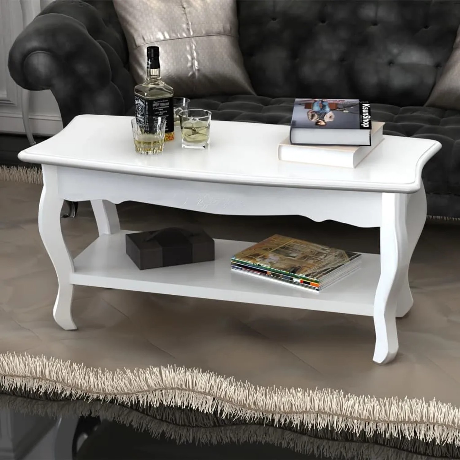 Weißer vidaXL Couchtisch mit Ablage aus MDF und Kiefernholz im Wohnzimmer.
