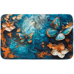 SANILO Badteppich Mariposa, 50x80 cm, mit blau-goldenem Schmetterlings- und Blumenmuster.