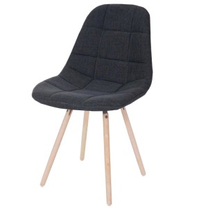 Dunkelgrauer MCW Esszimmerstuhl A60 II mit Stoffbezug, gesteppter Rückenlehne und hellen Holzbeinen im Retro-Design.