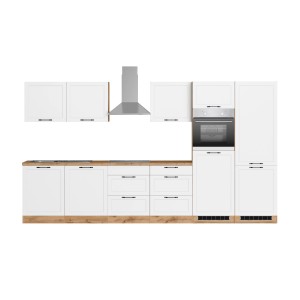 Moderne Küchenzeile Kempten 360 cm in Weiß/Wotan mit E-Geräten und autarkem Kochfeld.