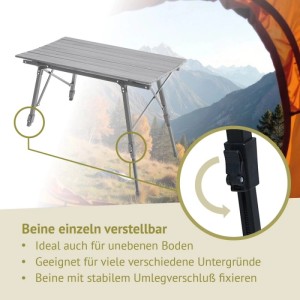 Silberner Jawinio Campingtisch aus Aluminium mit einzeln höhenverstellbaren Beinen in Outdoor-Umgebung.