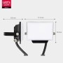 Schwarzer LED Strahler 10W, 900lm, 4000K, IP65 mit Maßangaben für den Außenbereich.