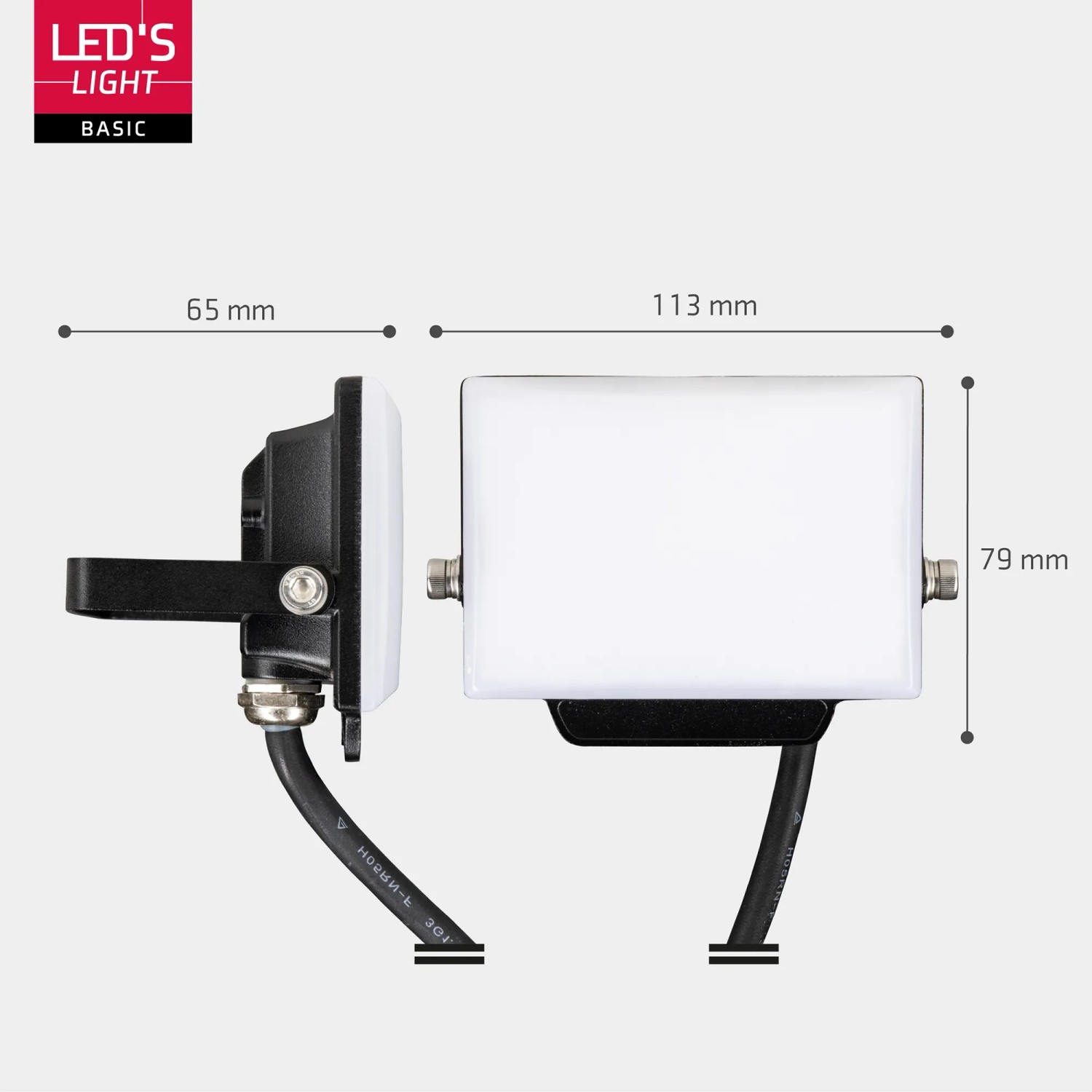 Schwarzer LED Strahler 10W, 900lm, 4000K, IP65 mit Maßangaben für den Außenbereich.
