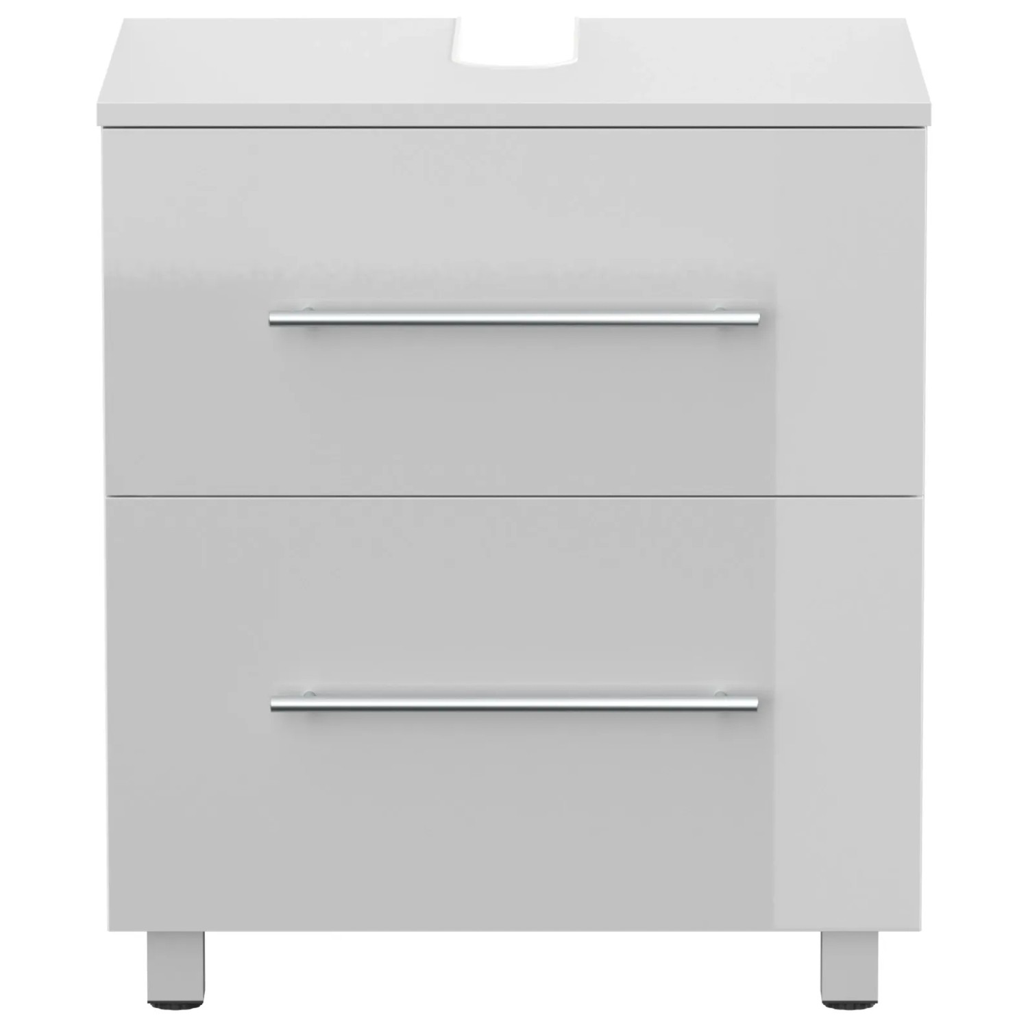 Posseik Waschbeckenunterschrank Mondial Universal, 55 cm, Weiß Hochglanz mit zwei Schubladen und Standfüßen.