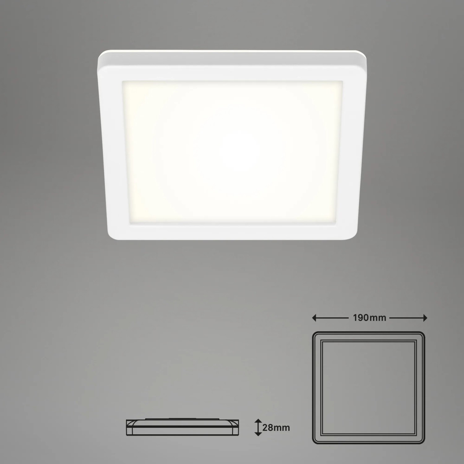 Eckige, weiße Brilo LED-Außenleuchte Frankfurt für Wand und Decke, mit Maßangaben.