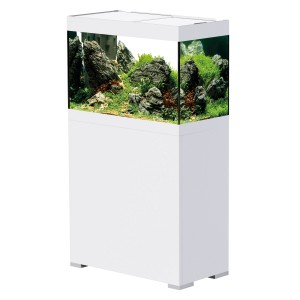 Oase Aquarium-Set StyleLine 125 in Weiß mit Unterschrank und Inneneinrichtung.