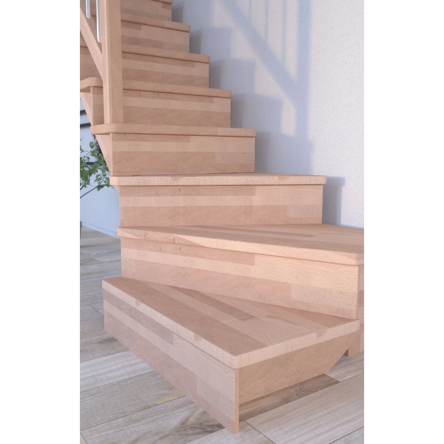 Gewendelte Buchenholztreppe Lindos mit Setzstufen und Holz-Edelstahl-Geländer, 100 cm breit.