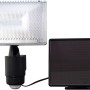 Schwarzer LED-Solarstrahler mit Bewegungsmelder und Solarpanel für den Außenbereich.