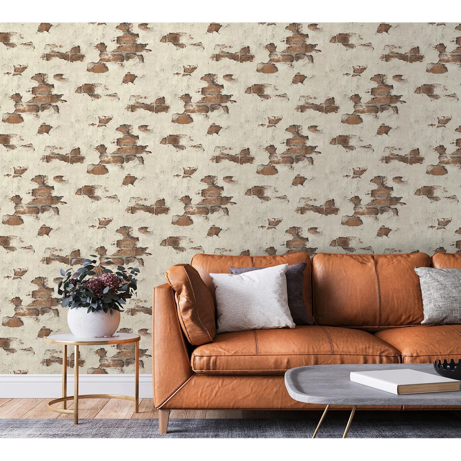 Beige-braune Vliestapete in Steinoptik (EDEM 819DN56) mit Spachteltechnik für Wohnräume.