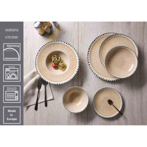 Ritzenhoff & Breker Natura Tafelservice 12-teilig Creme. Steinzeug-Teller mit Holzstruktur-Dekor, gepunktetem Rand.