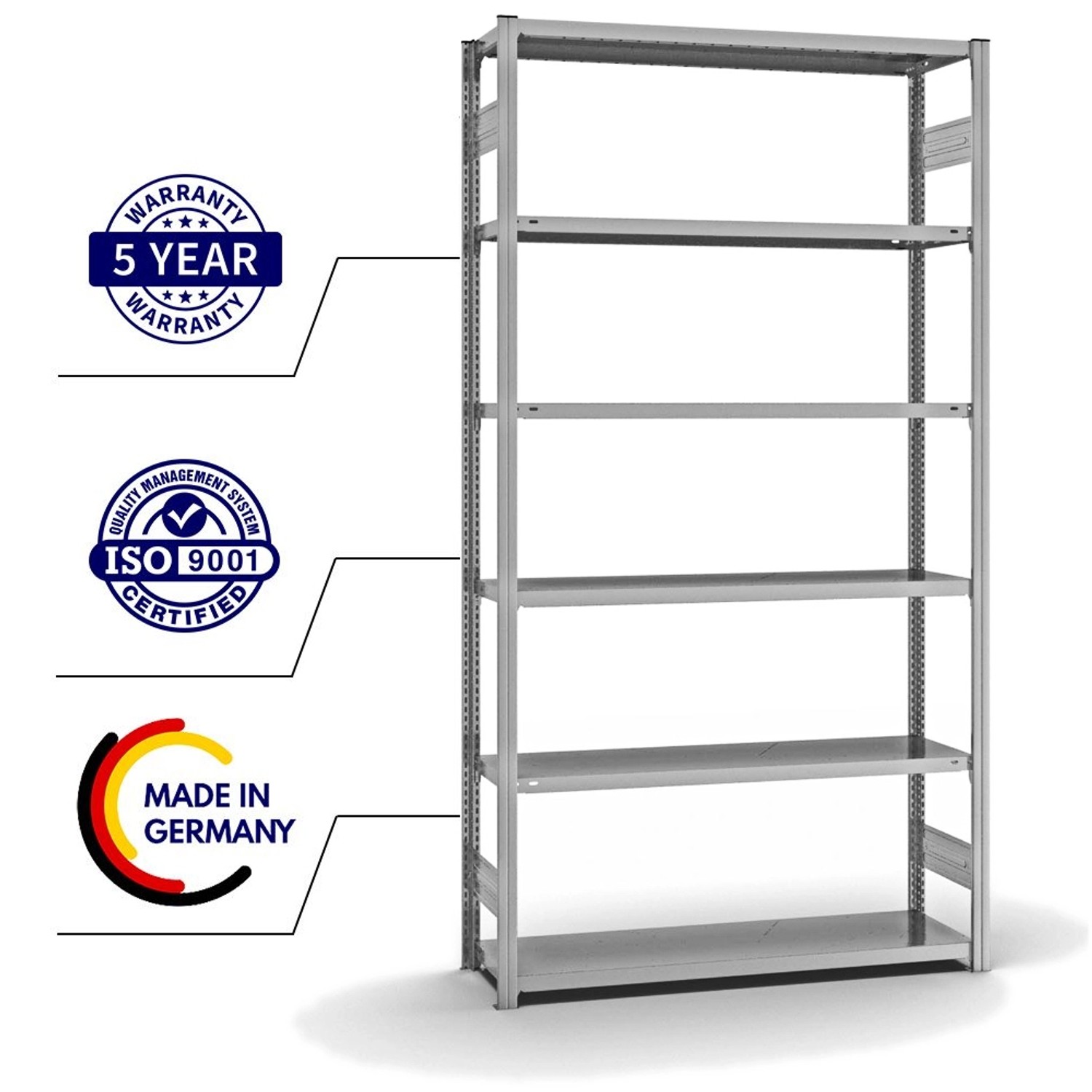 Verzinktes PROREGAL Fachbodenregal mit 6 Ebenen, Stecksystem, beidseitig nutzbar, 250x130x40 cm.