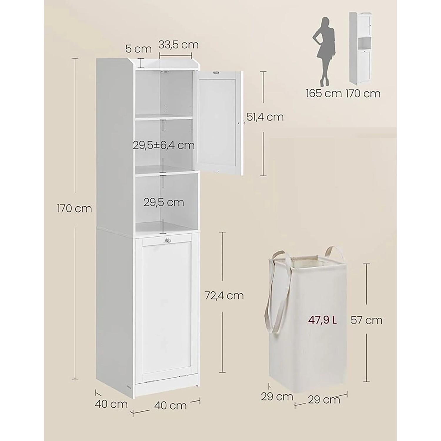 Weißer Songmics Badezimmerschrank mit offenem Fach und Wäschesammler.