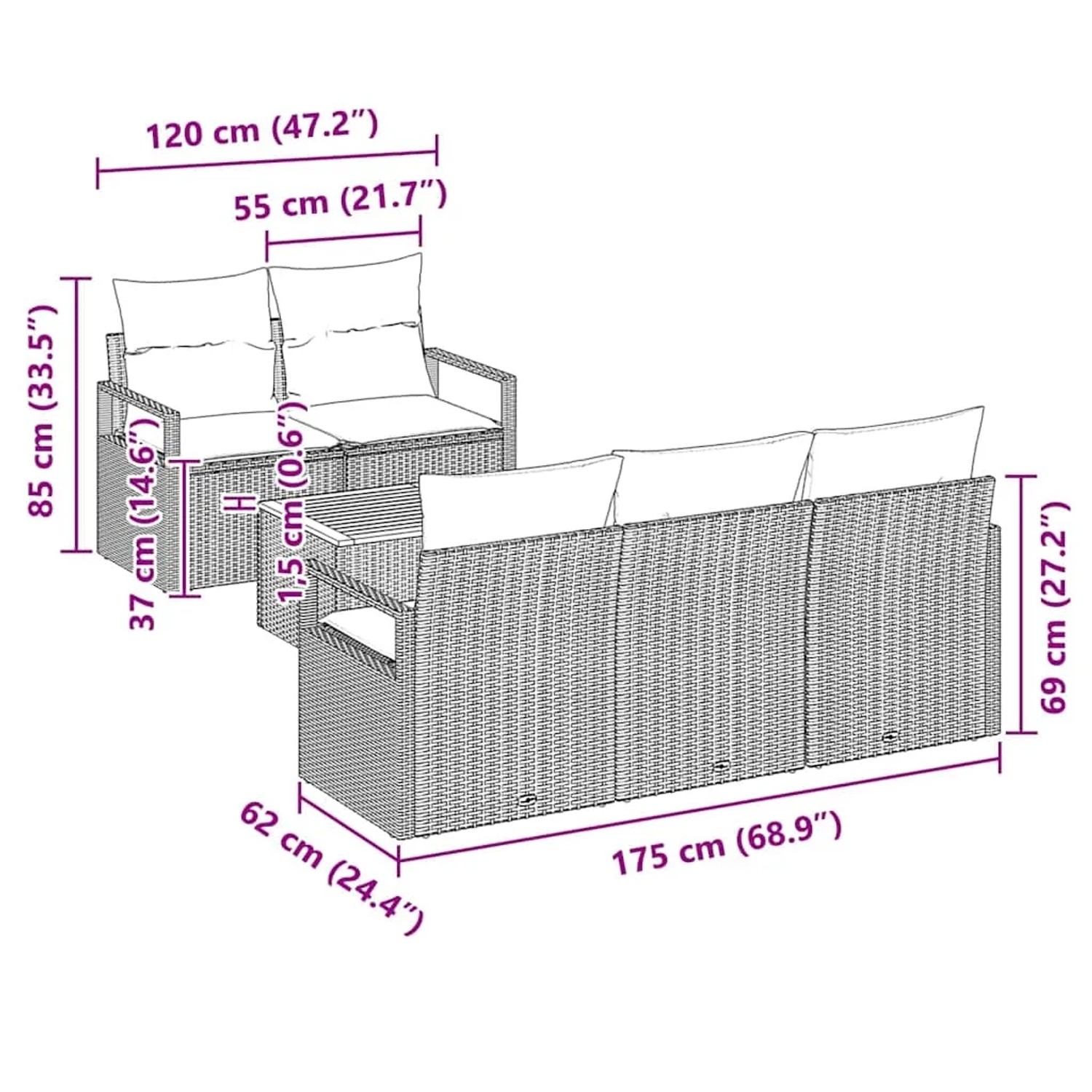 vidaXL Gartenmöbel-Set, 6-teilig, schwarz/weiß, mit Maßen. Ideal für Terrasse und Garten.