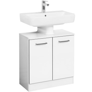 Pelipal Schwerin Waschbeckenunterschrank, weiß, 60 cm breit, mit zwei Türen und Aufsatzwaschbecken.