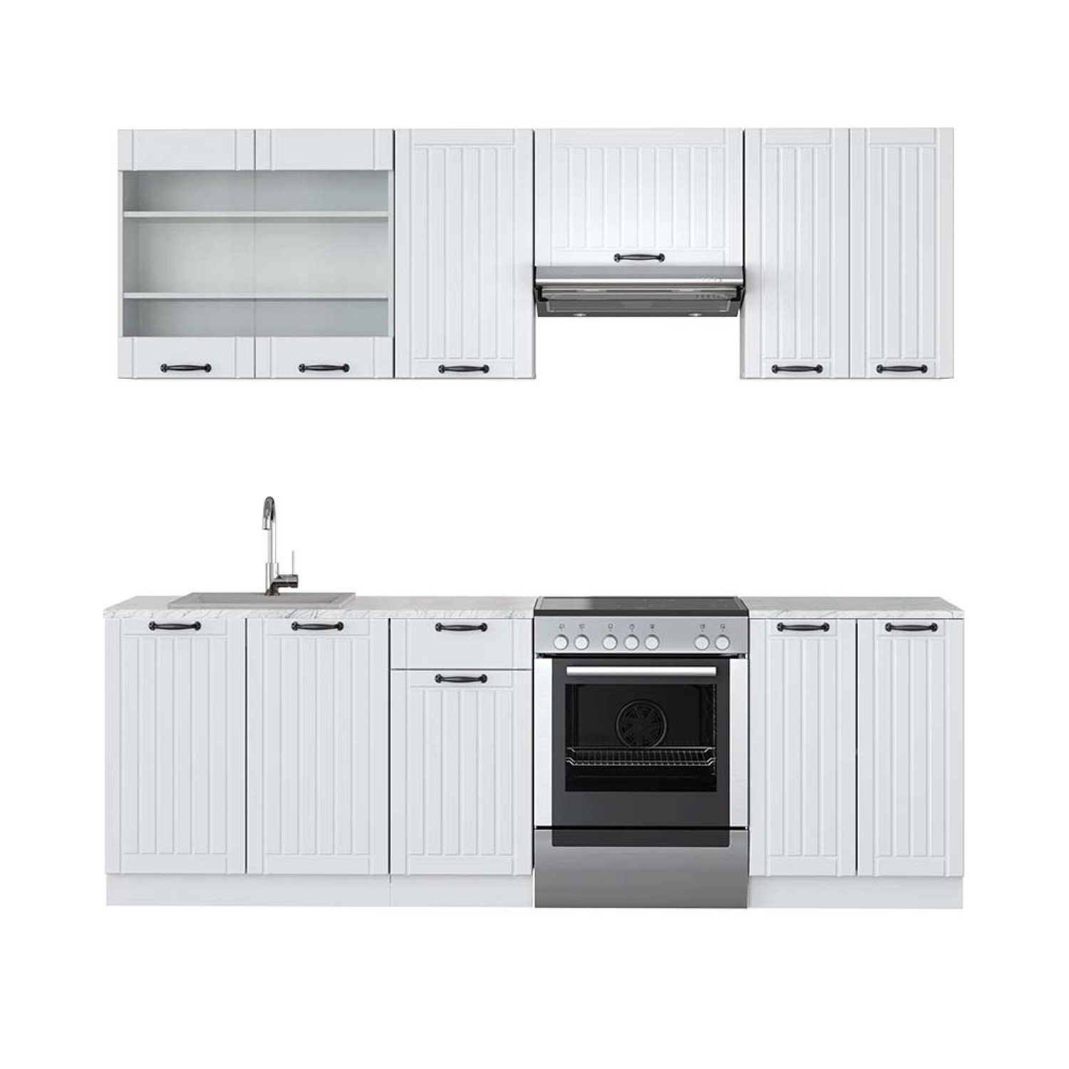 Vicco Fame-Line Küchenzeile Weiß Landhaus/Weiß 240 cm AP Marmor günstig online kaufen