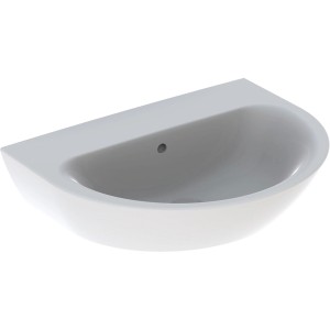 Weißes Geberit Renova Handwaschbecken, 65 cm, ohne Hahnloch, mit Überlauf.