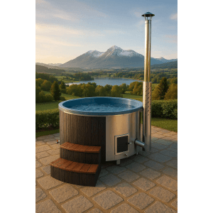 Icewolf Hot Tub Badefass mit Spa, Treppe und Ofen vor Berglandschaft. Outdoor Whirlpool für 4-6 Personen.