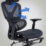 Ergonomischer DELUKE Bürostuhl OLYMPO, atmungsaktives Mesh, mit blauen Pfeilen zur Luftzirkulation.