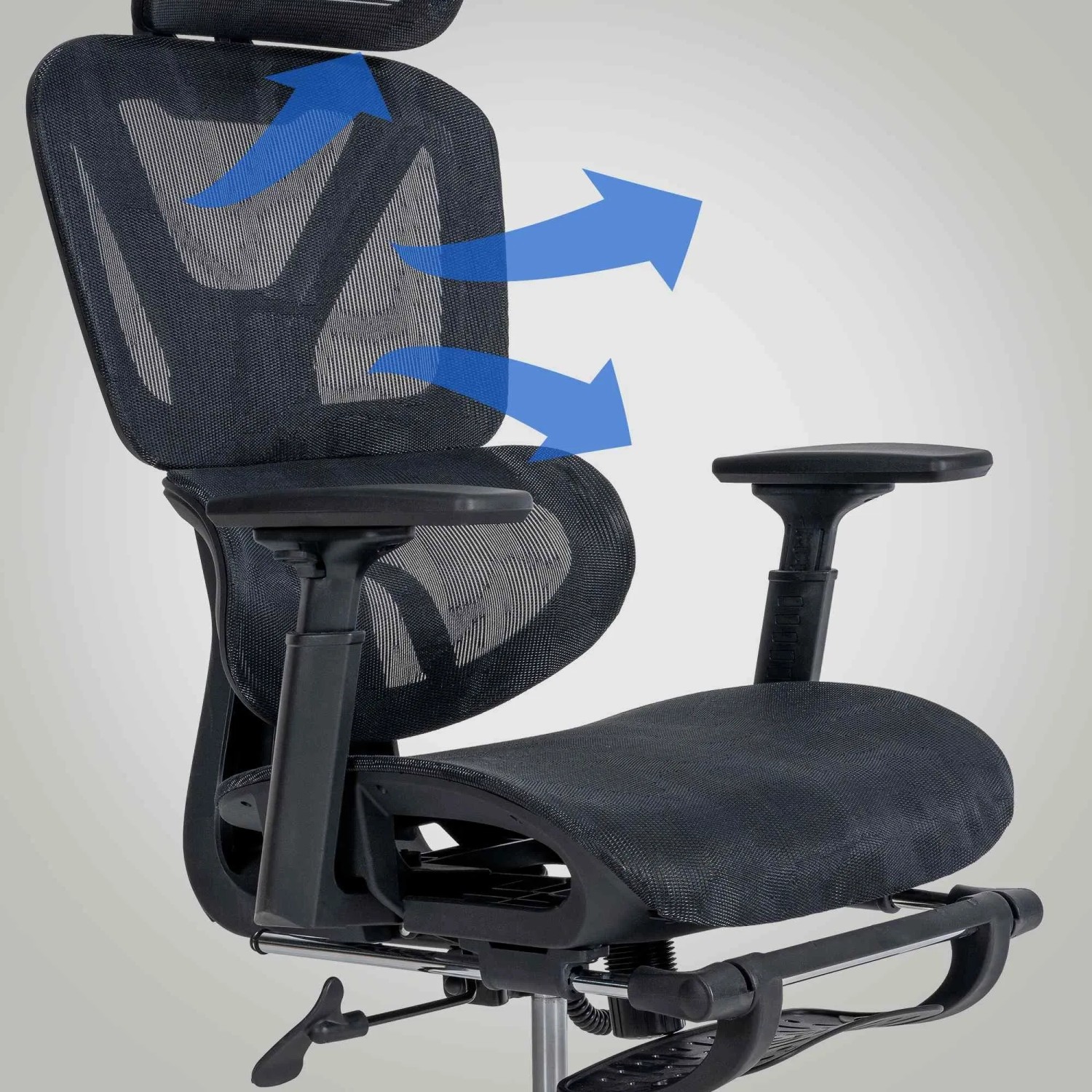 Ergonomischer DELUKE Bürostuhl OLYMPO, atmungsaktives Mesh, mit blauen Pfeilen zur Luftzirkulation.