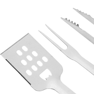 Glänzendes Edelstahl Grillbesteck Set: Wender, Gabel und Zange. Robustes 4-teiliges Grillzubehör für BBQ.