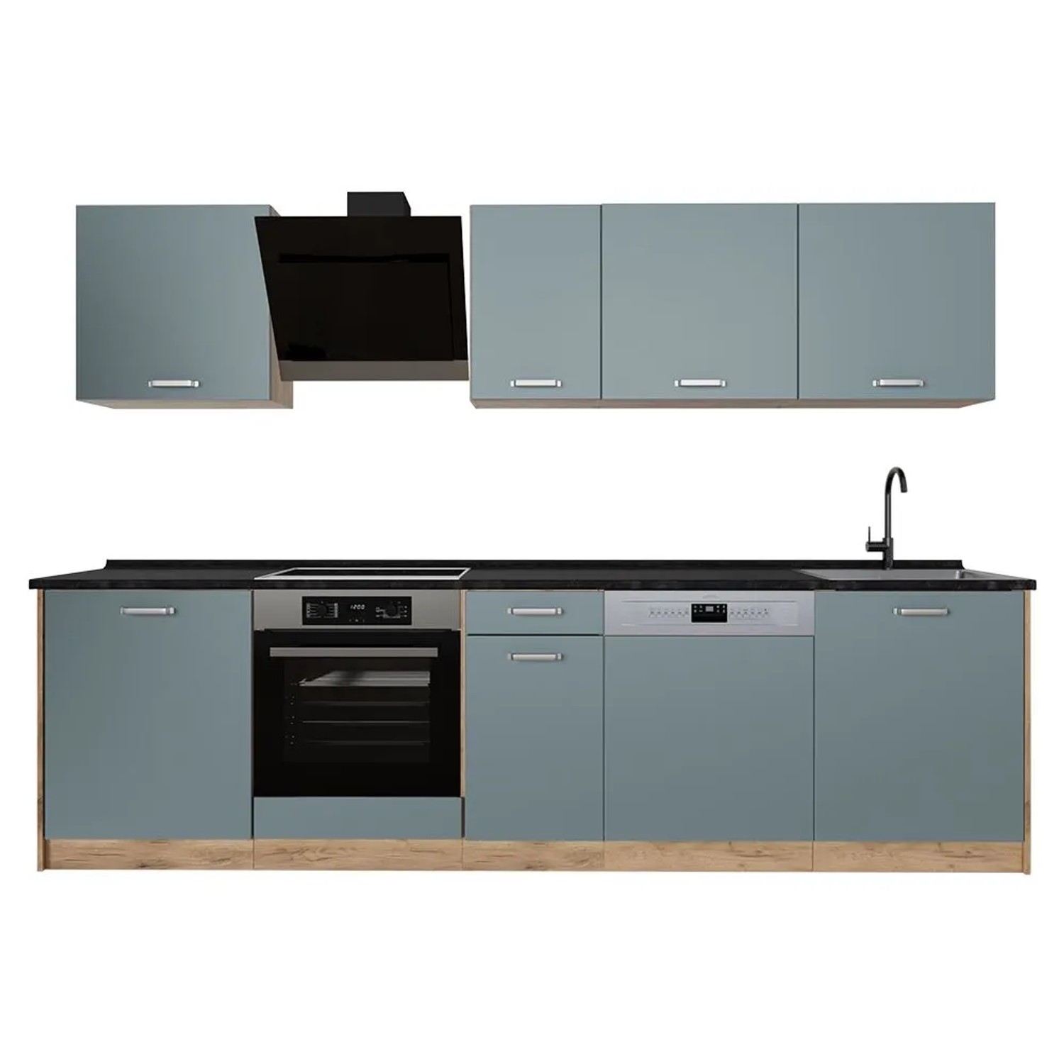Vicco Küchenzeile R-Line Blau-Grau/Goldkraft Eiche 280 x 207 ohne Arbeitsplatte Art Nr 67172