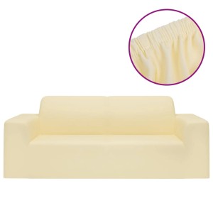 Cremefarbene Stretch Sofahusse für 2-Sitzer Sofa aus Polyester-Jersey.
