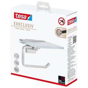 Tesa Exxclusiv Toilettenpapierhalter mit Ablage in Edelstahloptik, verpackt.