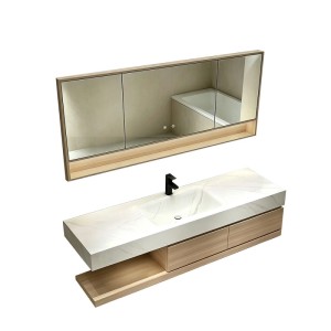 Modernes Badmöbel Set wandhängend mit Sinterstein Waschbecken, hellem Holz Unterschrank und LED Spiegelschrank.