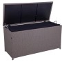 Geöffnete, braune DELUKE Auflagenbox VERA aus Kunststoffgeflecht für Gartenauflagen und Kissen.