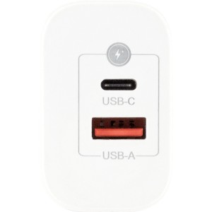 Weißer Schwaiger Ladeadapter mit USB-C und rotem USB-A Port. Ideal für Handy-Zubehör und Smartwatches.